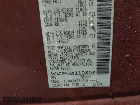 2016 Nissan Murano Platinum с VIN 5N1AZ2MH6GN110808, выставлен на аукционе IAAI как лот 42327073 с пробегом 120 081 миль миль и . История ставок и продаж доступна на DreamBid. Изображение 9.