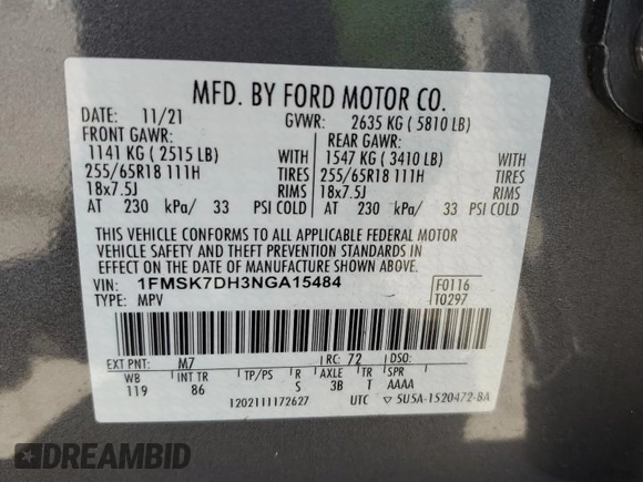2022 Ford Explorer XLT с VIN 1FMSK7DH3NGA15484, выставлен на аукционе Copart как лот 57819405 с пробегом 50 386 миль миль и Списание • Salvage title. История ставок и продаж доступна на DreamBid. Изображение 13.
