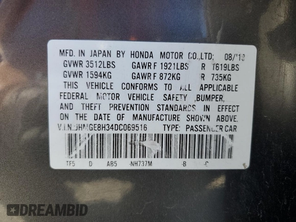 2013 Honda Fit с VIN JHMGE8H34DC069516, выставлен на аукционе Copart как лот 59993335 с пробегом 128 798 миль миль и Списание • Salvage title. История ставок и продаж доступна на DreamBid. Изображение 12.