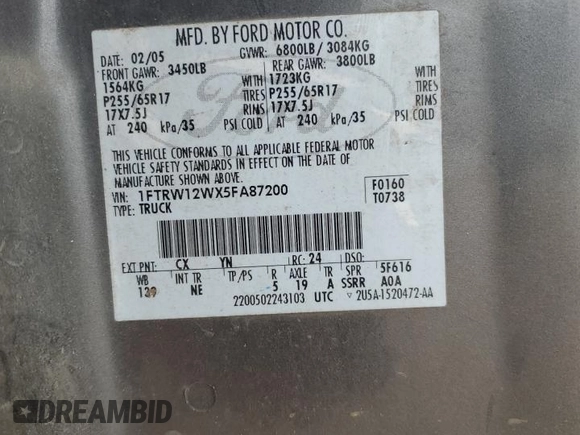2005 Ford F-150 XLT z VIN 1FTRW12WX5FA87200, wystawiony jako Copart lot #55939875 z przebiegiem Nie podano mil oraz Szkoda całkowita • Salvage title. Historia ofert i sprzedaży dostępna na DreamBid. Obrazek 12.