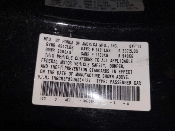 2013 Honda Accord Touring with VIN 1HGCR3F90DA034127, listed as a IAAI auction lot 42462423 with 266,974 mi miles and . Bid and sale history available at DreamBid. Image 9.