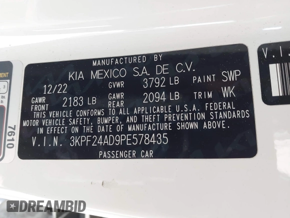 2023 Kia Forte LXS with VIN 3KPF24AD9PE578435, listed as a IAAI auction lot 41980894 with 59,817 mi miles and . Bid and sale history available at DreamBid. Image 9.