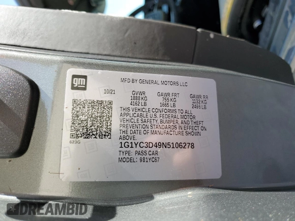 2022 Chevrolet Corvette 3LT with VIN 1G1YC3D49N5106278, listed as a Copart auction lot 75053144 with 0 mi miles and Salvage Title. Bid and sale history available at carsss.com. Image 13.
