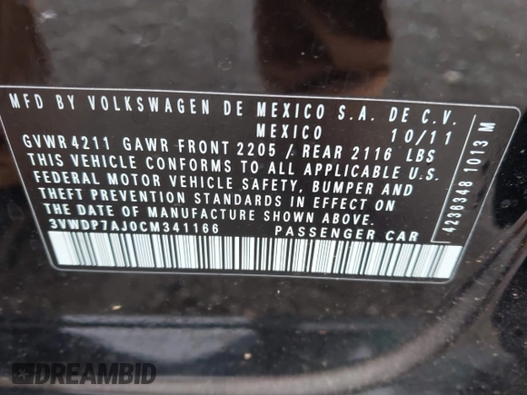 2012 Volkswagen Jetta SE z VIN 3VWDP7AJ0CM341166, wystawiony jako IAAI lot #41914716 z przebiegiem 156 257 mil mil oraz . Historia ofert i sprzedaży dostępna na DreamBid. Obrazek 9.