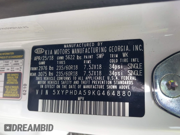 2019 Kia Sorento EX with VIN 5XYPHDA59KG464880, listed as a IAAI auction lot 41380730 with 93,817 mi miles and . Bid and sale history available at carsss.com. Image 9.