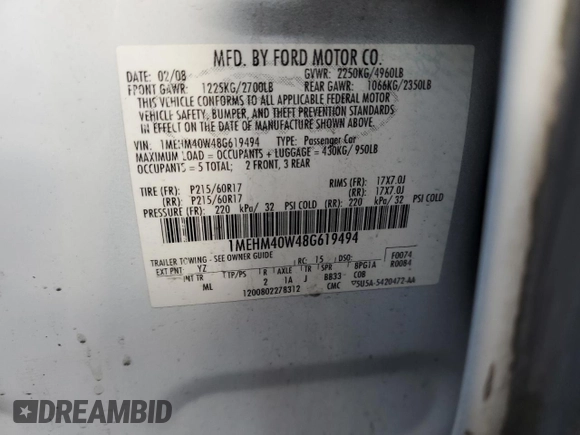 2008 Mercury Sable with VIN 1MEHM40W48G619494, listed as a Copart auction lot 51017415 with 149,163 mi miles and Salvage title. Bid and sale history available at DreamBid. Image 12.