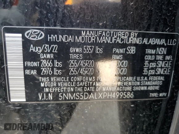 2023 Hyundai Santa Fe Calligraphy with VIN 5NMS5DALXPH499586, listed as a Copart auction lot 54236845 with 59,257 mi miles and Salvage title. Bid and sale history available at DreamBid. Image 13.