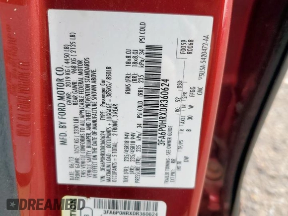 2013 Ford Fusion SE with VIN 3FA6P0HRXDR360624, listed as a Copart auction lot 61198505 with 163,216 mi miles and Salvage title. Bid and sale history available at DreamBid. Image 12.