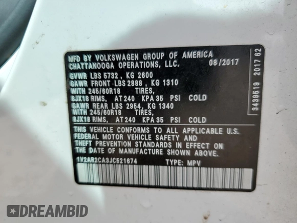 2018 Volkswagen Atlas S z VIN 1V2AR2CA3JC521674, wystawiony jako Copart lot #70169624 z przebiegiem 95 480 mil mil oraz Szkoda całkowita • Salvage title. Historia ofert i sprzedaży dostępna na DreamBid. Obrazek 13.
