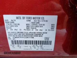 2020 Ford Explorer Limited с VIN 1FMSK7FH1LGA11198, выставлен на аукционе Copart как лот 54845545 с пробегом 54 974 миль миль и Списание • Salvage title. История ставок и продаж доступна на DreamBid. Изображение 14.