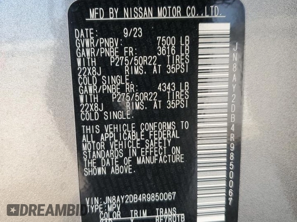 2024 Nissan Armada Platinum with VIN JN8AY2DB4R9850067, listed as a Copart auction lot 76240434 with 3,146 mi miles and Salvage Title. Bid and sale history available at carsss.com. Image 13.