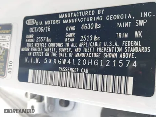 2017 Kia Optima SX with VIN 5XXGW4L20HG121574, listed as a IAAI auction lot 41586918 with 101,517 mi miles. Bid and sale history available at carsss.com. Image 9.