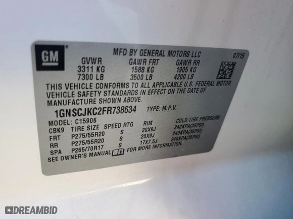 2015 Chevrolet Suburban LT with VIN 1GNSCJKC2FR738634, listed as a Copart auction lot 53527545 with 259,856 mi miles and Salvage Title. Bid and sale history available at carsss.com. Image 14.