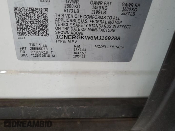 2021 Chevrolet Traverse LT Cloth with VIN 1GNERGKW6MJ169288, listed as a Copart auction lot 51664105 with 61,242 mi miles and Salvage Title. Bid and sale history available at carsss.com. Image 13.