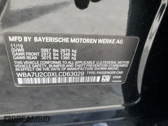 2020 BMW 7 Series 750i xDrive with VIN WBA7U2C0XLCD63029, listed as a Copart auction lot 45794975 with 0 mi miles and Salvage Title. Bid and sale history available at carsss.com. Image 15.