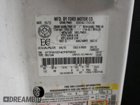2012 Ford F-150 XL with VIN 1FTFW1EF4CFB76532, listed as a Copart auction lot 43405885 with 277,035 mi miles and Clean Title. Bid and sale history available at carsss.com. Image 12.