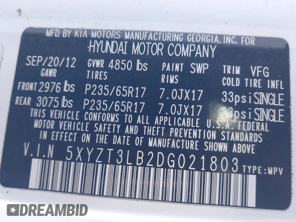 2013 Hyundai Santa Fe Sport z VIN 5XYZT3LB2DG021803, wystawiony jako IAAI lot #41195838 z przebiegiem Nie podano mil oraz . Historia ofert i sprzedaży dostępna na DreamBid. Obrazek 9.