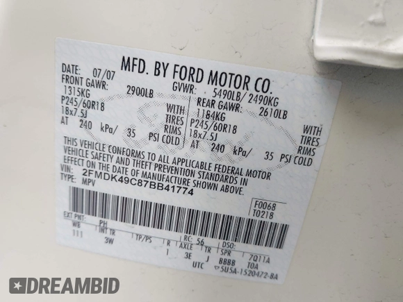 2007 Ford Edge SEL PLUS with VIN 2FMDK49C87BB41774, listed as a IAAI auction lot 41906149 with 130,662 mi miles. Bid and sale history available at carsss.com. Image 9.