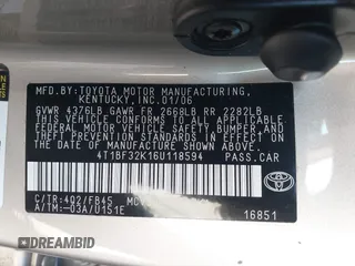 2006 Toyota Camry LE z VIN 4T1BF32K16U118594, wystawiony jako IAAI lot #41558030 z przebiegiem 275 360 mil mil oraz . Historia ofert i sprzedaży dostępna na DreamBid. Obrazek 9.