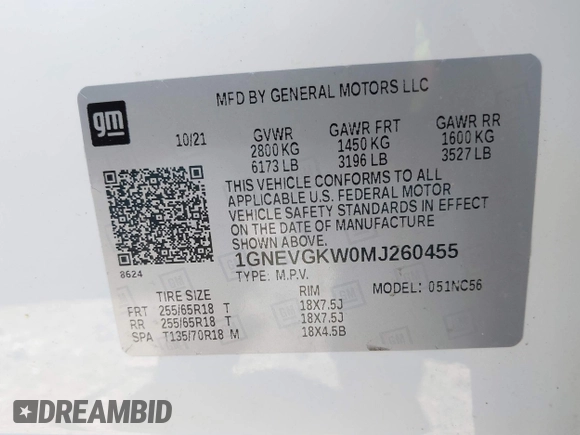 2021 Chevrolet Traverse LT Cloth with VIN 1GNEVGKW0MJ260455, listed as a IAAI auction lot 41852970 with 22,178 mi miles. Bid and sale history available at carsss.com. Image 9.