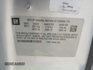 2011 Chevrolet Impala LT Fleet with VIN 2G1WG5EK8B1315819, listed as a IAAI auction lot 42503325 with 128,900 mi miles and . Bid and sale history available at DreamBid. Image 9.