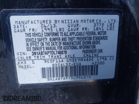 2013 Nissan Sentra S with VIN 3N1AB7AP7DL746878, listed as a IAAI auction lot 41805369 with Not Provided miles and . Bid and sale history available at DreamBid. Image 9.