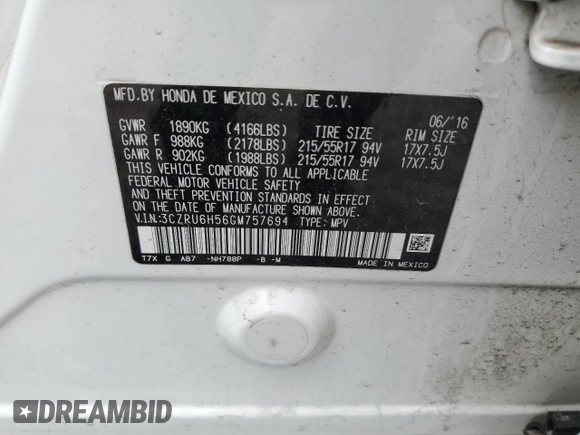 2016 Honda HR-V EX with VIN 3CZRU6H56GM757694, listed as a Copart auction lot 53131705 with 95,039 mi miles and Salvage Title. Bid and sale history available at carsss.com. Image 14.