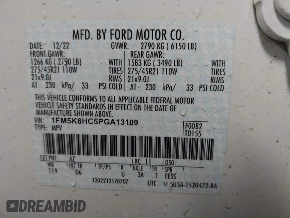 2023 Ford Explorer Platinum с VIN 1FM5K8HC5PGA13109, выставлен на аукционе IAAI как лот 42471674 с пробегом 12 361 миль миль и . История ставок и продаж доступна на DreamBid. Изображение 9.