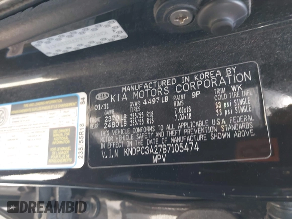 2011 Kia Sportage EX with VIN KNDPC3A27B7105474, listed as a IAAI auction lot 41916960 with 252,606 mi miles. Bid and sale history available at carsss.com. Image 9.