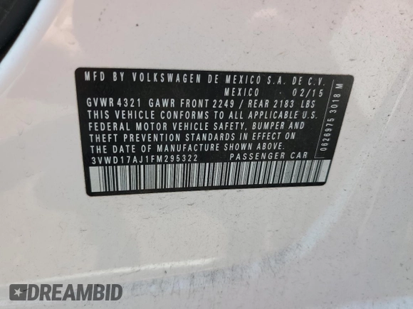2015 Volkswagen Jetta SE with VIN 3VWD17AJ1FM295322, listed as a Copart auction lot 56074745 with 114,170 mi miles and Salvage title. Bid and sale history available at DreamBid. Image 13.