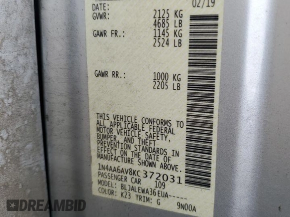 2019 Nissan Maxima SL z VIN 1N4AA6AV8KC372031, wystawiony jako Copart lot #54631325 z przebiegiem 102 361 mil mil oraz Szkoda całkowita • Salvage title. Historia ofert i sprzedaży dostępna na DreamBid. Obrazek 12.