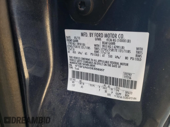 2013 Ford F-250 XL with VIN 1FTBF2A6XDEB58957, listed as a Copart auction lot 71778034 with 131,663 mi miles and Salvage Title. Bid and sale history available at DreamBid. Image 14.
