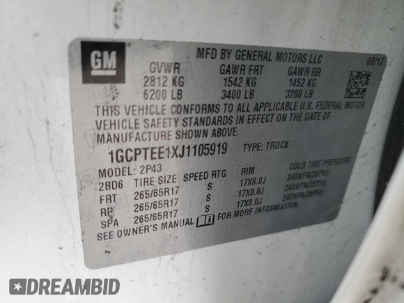 2018 Chevrolet Colorado 4WD ZR2 with VIN 1GCPTEE1XJ1105919, listed as a Copart auction lot 43081875 with 122,345 mi miles and Salvage Title. Bid and sale history available at carsss.com. Image 12.