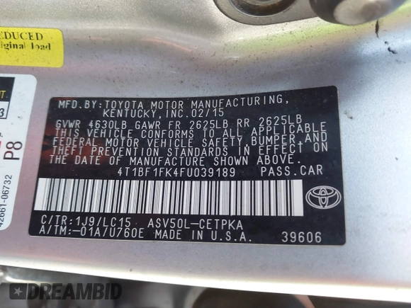 2015 Toyota Camry XLE with VIN 4T1BF1FK4FU039189, listed as a IAAI auction lot 41283052 with Not Provided miles and . Bid and sale history available at DreamBid. Image 9.