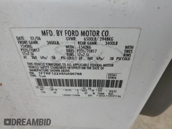 2006 Ford F-150 XL with VIN 1FTRF122X6NA96788, listed as a Copart auction lot 57650565 with Not provided miles and Salvage title. Bid and sale history available at DreamBid. Image 12.