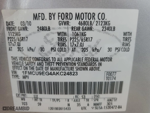 2010 Ford Escape Limited with VIN 1FMCU9EG4AKC24823, listed as a Copart auction lot 46303545 with 106,762 mi miles and Salvage Title. Bid and sale history available at carsss.com. Image 14.