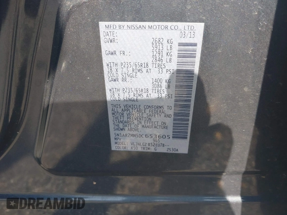 2013 Nissan Pathfinder SL with VIN 5N1AR2MM5DC653605, listed as a IAAI auction lot 42754792 with 149,010 mi miles and . Bid and sale history available at DreamBid. Image 9.