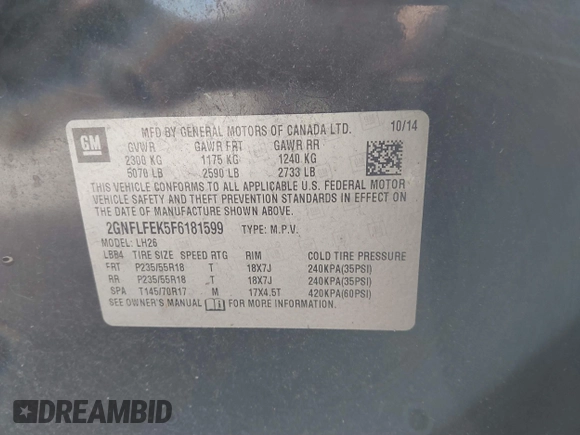 2015 Chevrolet Equinox LT z VIN 2GNFLFEK5F6181599, wystawiony jako IAAI lot #41825281 z przebiegiem 134 165 mil mil oraz . Historia ofert i sprzedaży dostępna na DreamBid. Obrazek 9.