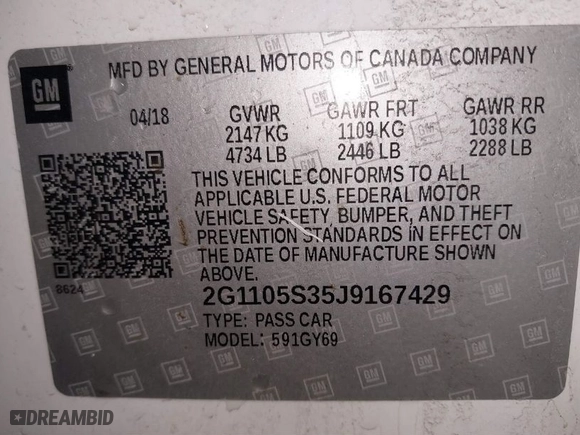 2018 Chevrolet Impala LT with VIN 2G1105S35J9167429, listed as a IAAI auction lot 41515218 with 115,508 mi miles. Bid and sale history available at carsss.com. Image 9.