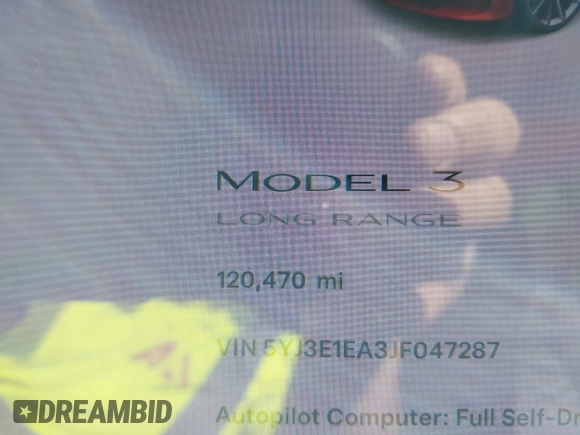 2018 Tesla Model 3 Long Range Battery z VIN 5YJ3E1EA3JF047287, wystawiony jako IAAI lot #42099771 z przebiegiem 120 470 mil mil oraz . Historia ofert i sprzedaży dostępna na DreamBid. Obrazek 7.