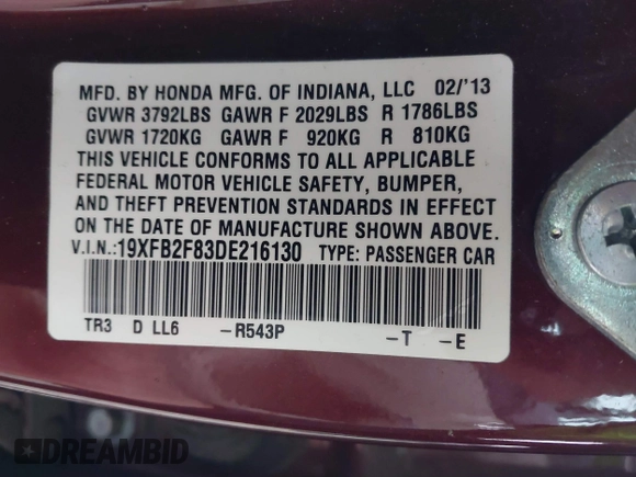 2013 Honda Civic EX with VIN 19XFB2F83DE216130, listed as a IAAI auction lot 41368242 with 105,019 mi miles and . Bid and sale history available at DreamBid. Image 9.
