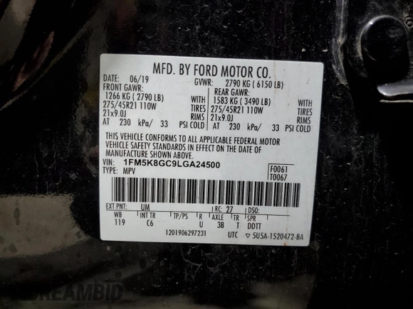 2020 Ford Explorer ST with VIN 1FM5K8GC9LGA24500, listed as a Copart auction lot 49854405 with 91,323 mi miles and Salvage Title. Bid and sale history available at carsss.com. Image 13.