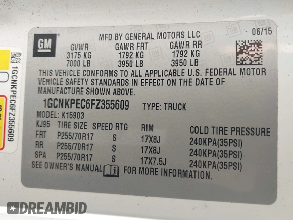2015 Chevrolet Silverado 1500 Work Truck with VIN 1GCNKPEC6FZ355609, listed as a IAAI auction lot 41819740 with 125,703 mi miles. Bid and sale history available at carsss.com. Image 9.
