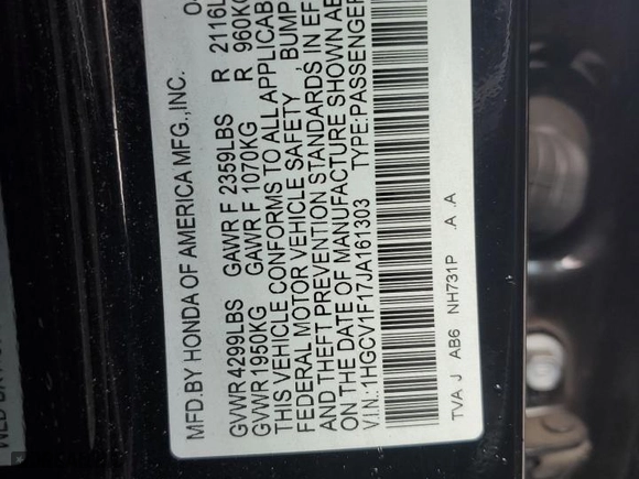 2018 Honda Accord Sedan LX 1.5T with VIN 1HGCV1F17JA161303, listed as a Copart auction lot 51382875 with 150,655 mi miles and Salvage Title. Bid and sale history available at carsss.com. Image 14.