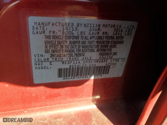 2013 Nissan Sentra SL with VIN 3N1AB7AP2DL792974, listed as a Copart auction lot 82612464 with 124,378 mi miles and Salvage Title. Bid and sale history available at carsss.com. Image 13.