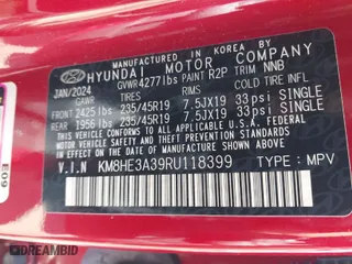 2024 Hyundai Kona Limited with VIN KM8HE3A39RU118399, listed as a IAAI auction lot 41240708 with 1 mi miles. Bid and sale history available at carsss.com. Image 8.