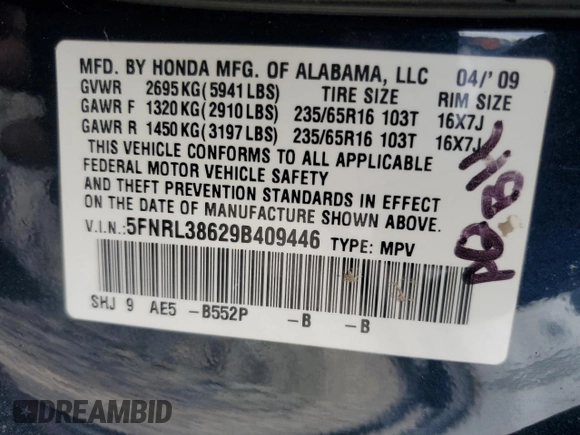 2009 Honda Odyssey EX-L with VIN 5FNRL38629B409446, listed as a Copart auction lot 54736045 with 176,229 mi miles and Salvage Title. Bid and sale history available at DreamBid. Image 13.
