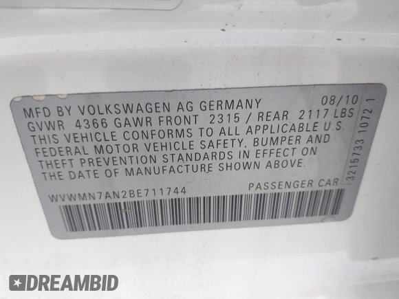 2011 Volkswagen CC Sport с VIN WVWMN7AN2BE711744, выставлен на аукционе IAAI как лот 42416773 с пробегом 142 029 миль миль и . История ставок и продаж доступна на DreamBid. Изображение 9.
