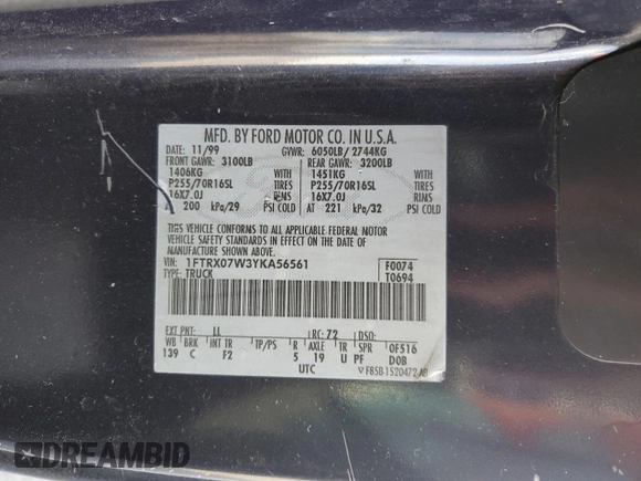 2000 Ford F-150 with VIN 1FTRX07W3YKA56561, listed as a Copart auction lot 81149654 with 185,967 mi miles and Salvage title. Bid and sale history available at DreamBid. Image 12.