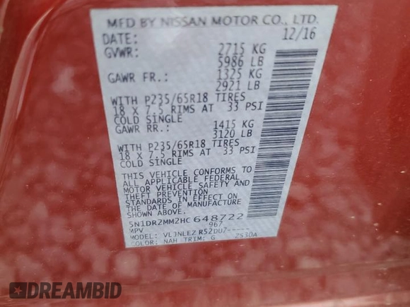 2017 Nissan Pathfinder SL with VIN 5N1DR2MM2HC648722, listed as a Copart auction lot 54918265 with 160,575 mi miles and Salvage Title. Bid and sale history available at DreamBid. Image 13.